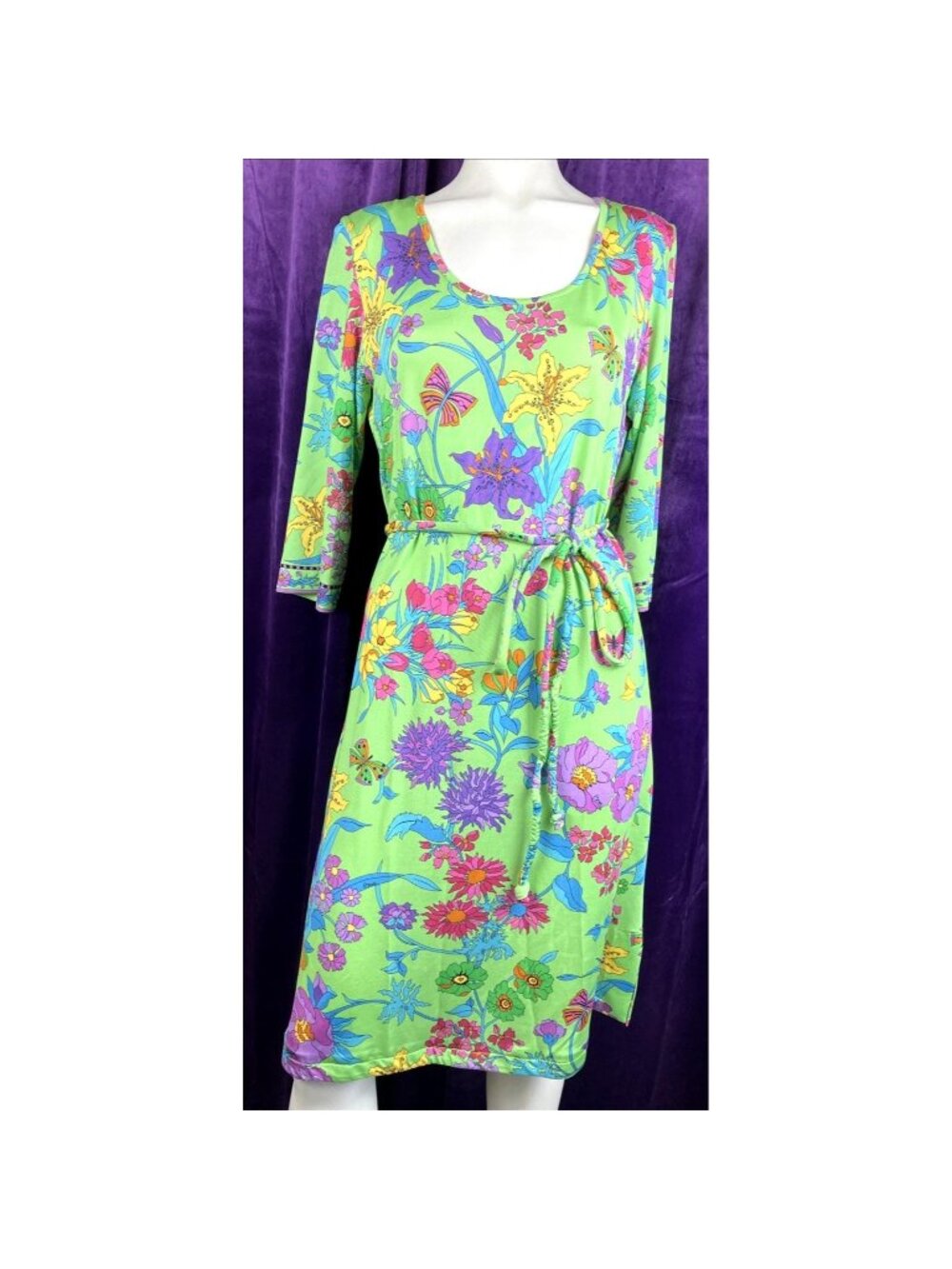 Vintage Alvarado Bessie Viscose Jersey Floral Shirt Dress Green Purple